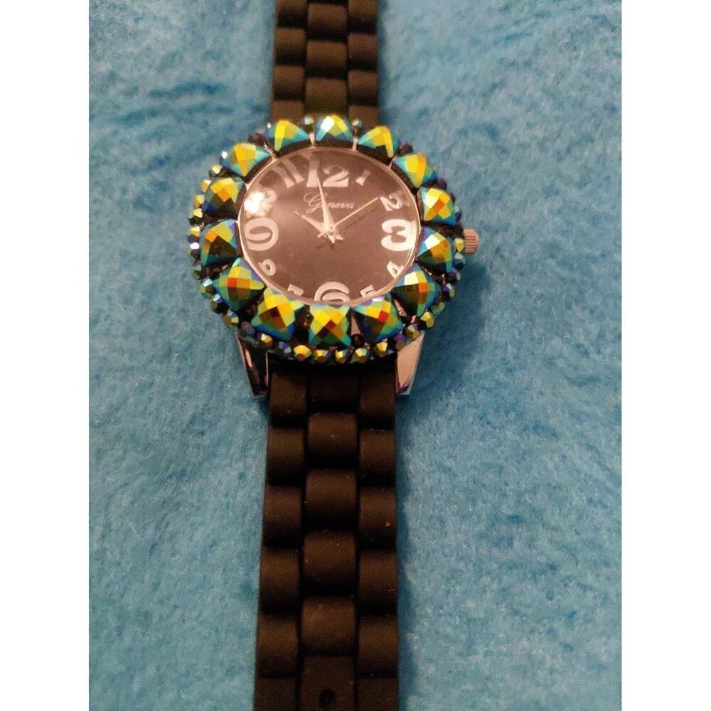 New Black Water Resistant With Blue Iridescent Rhinestone Designed Watch Analog